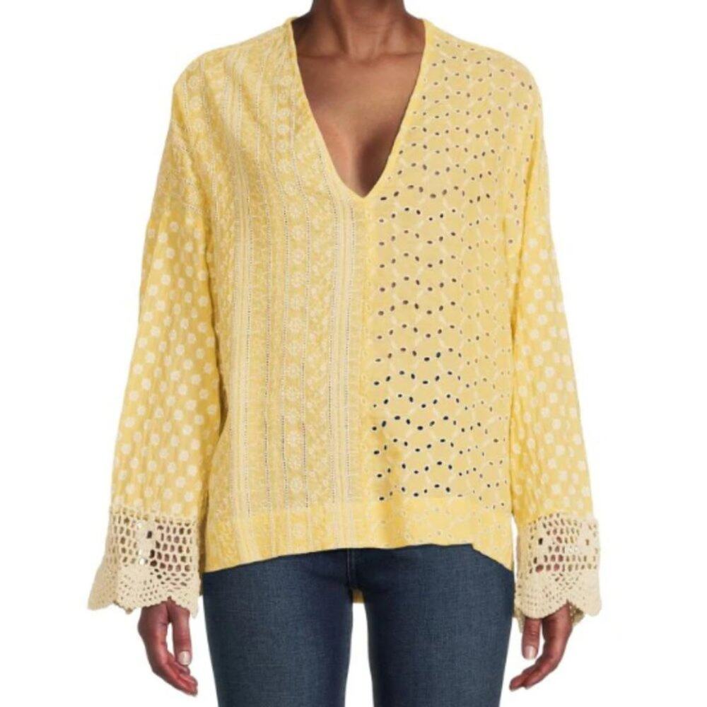New Nordstrom Area Stars Luna Eyelet Embroidery Top Yellow XS Oversized Fallcore